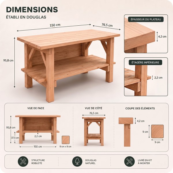 Îlot central cuisine en bois Douglas avec étagère