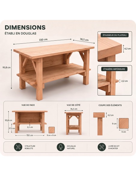 Îlot central cuisine en bois Douglas avec étagère
