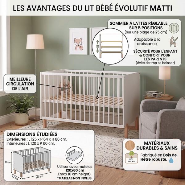 MATTI Lit bébé évolutif à barreaux