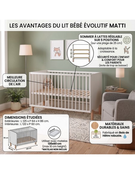 MATTI Lit bébé évolutif à barreaux