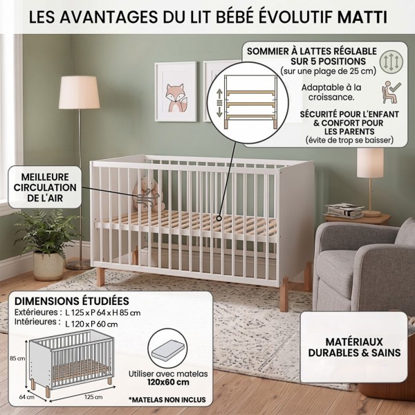 MATTI Lit bébé évolutif à barreaux pieds droits vernis écologique