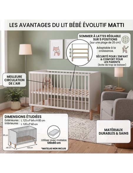 MATTI Lit bébé évolutif à barreaux pieds droits vernis écologique
