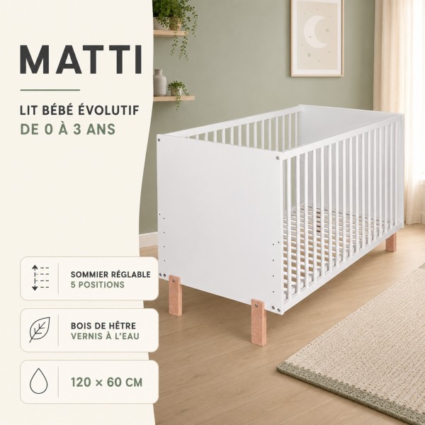 MATTI Lit bébé évolutif à barreaux pieds droits vernis écologique