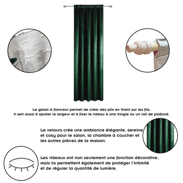 Rideau occultant en velours à galon fronceur