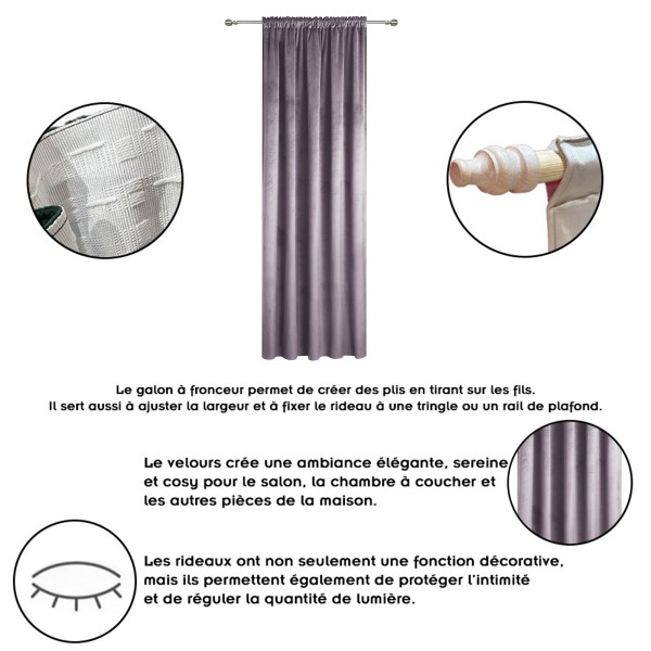 Rideau occultant en velours à galon fronceur