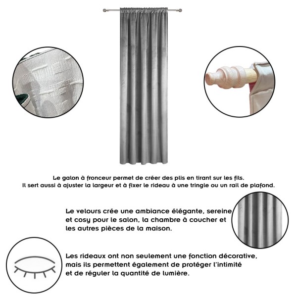 Rideau occultant en velours à galon fronceur