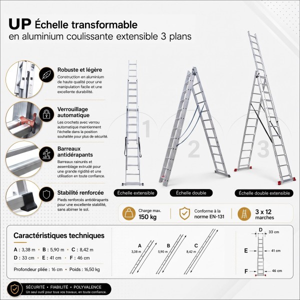 UP Échelle en aluminium transformable coulissante 3 plans