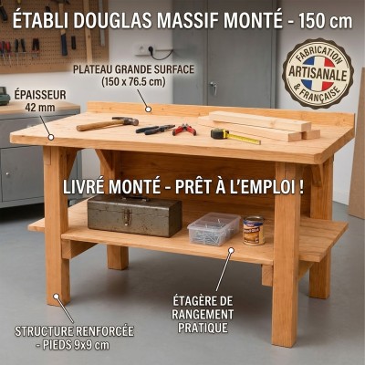 Établi livré monté en bois Douglas massif 150 cm avec étagère 2