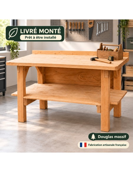 Établi livré monté en bois Douglas massif 150 cm avec étagère