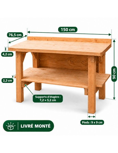 Établi livré monté en bois Douglas massif 150 cm avec étagère