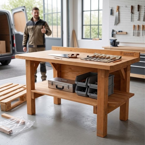 Établi livré monté en bois Douglas massif 150 cm avec étagère