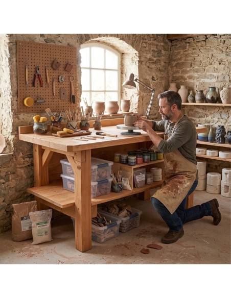 Établi livré monté en bois Douglas massif 150 cm avec étagère