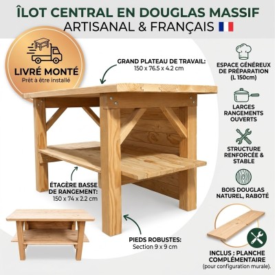 Îlot central de cuisine en Douglas massif 150 cm – livré monté 2