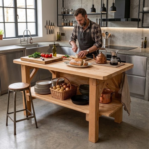 Îlot central de cuisine en Douglas massif 150 cm – livré monté