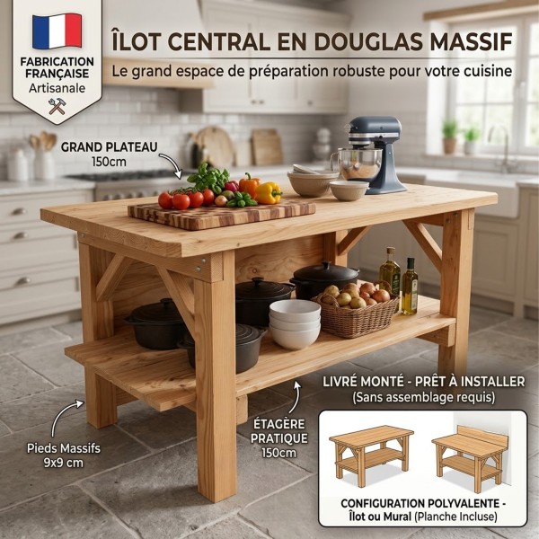 Îlot central de cuisine en Douglas massif 150 cm – livré monté