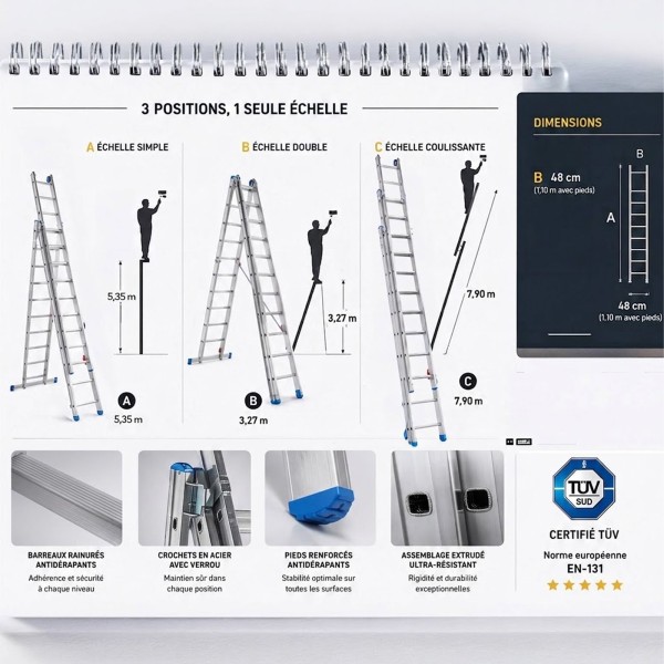 PETRA Échelle professionnelle transformable aluminium 3 plans
