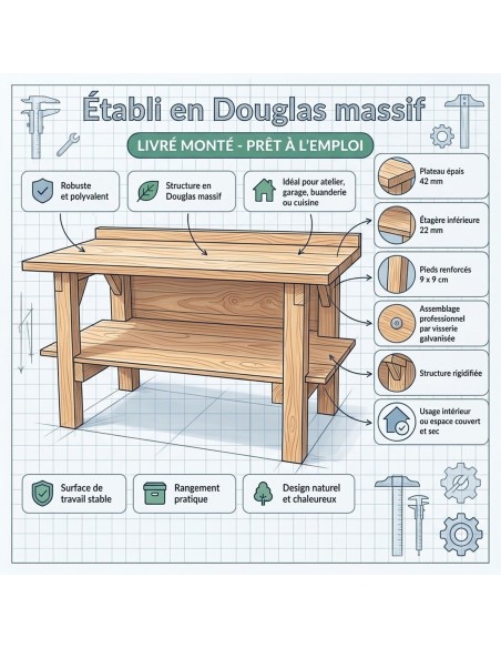 Établi livré monté en bois Douglas massif 150 cm avec étagère
