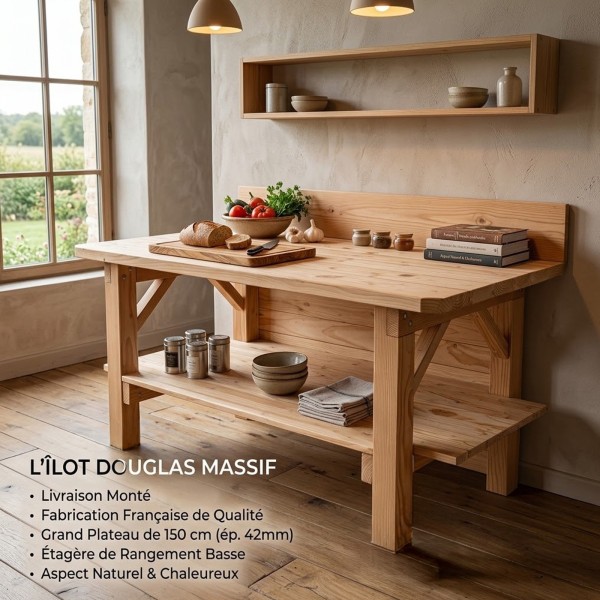 Îlot central de cuisine en Douglas massif 150 cm – livré monté