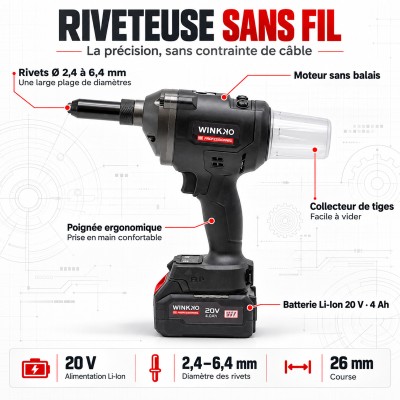 Riveteuse sans fil 20V Li-ion professionnelle pistolet à rivet électrique 2