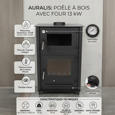 Poêle à Bois avec Four AURALIS 13 kW - Acier 2