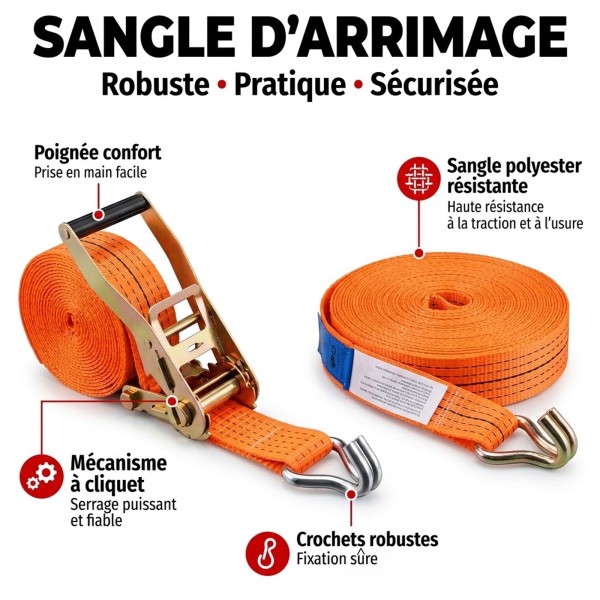 Guide des fonctionnalités sangle d'arrimage à cliquet orange robuste