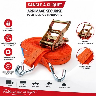 Sangle d'Arrimage 2 Tonnes Orange avec Tendeur à Cliquet et Crochets J 2