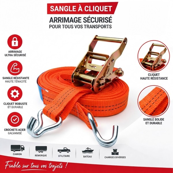 Sangle d'Arrimage à Cliquet 2T - Sécurité Maximale Camion et Utilitaire