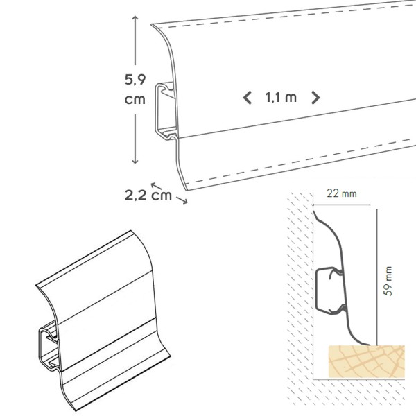 Plinthes goulotte passe-câble PVC 59 mm - 1,10 m avec raccords inclus