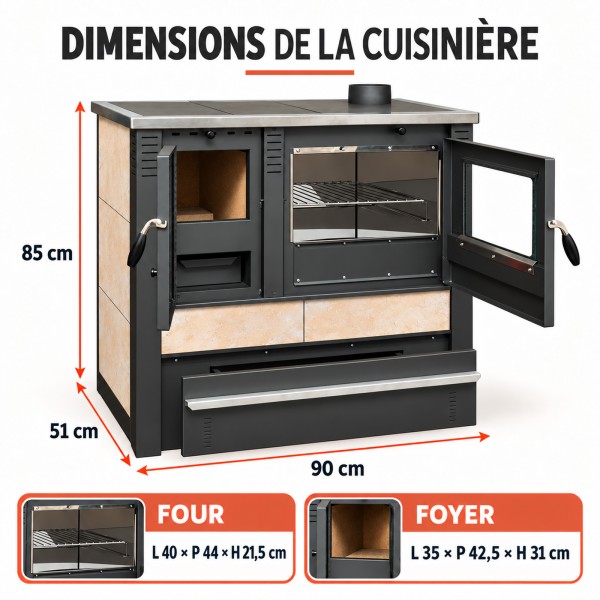 Schéma des dimensions de la cuisinière beige, porte du four ouverte à droite