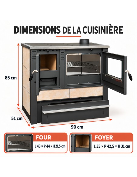 Schéma des dimensions de la cuisinière beige, porte du four ouverte à droite