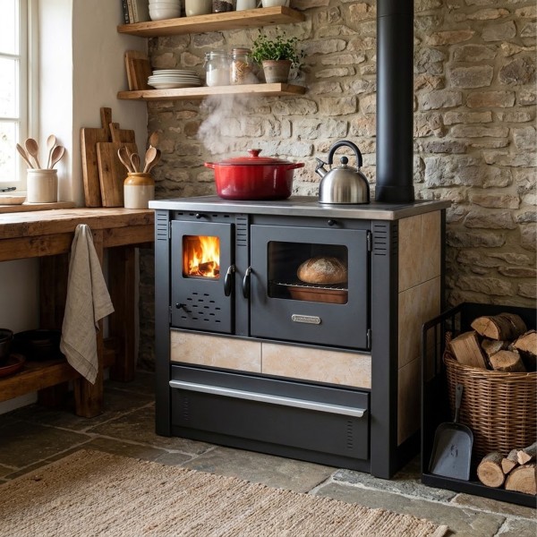 Cuisinière à bois noire et beige en situation dans une cuisine rustique en briques.