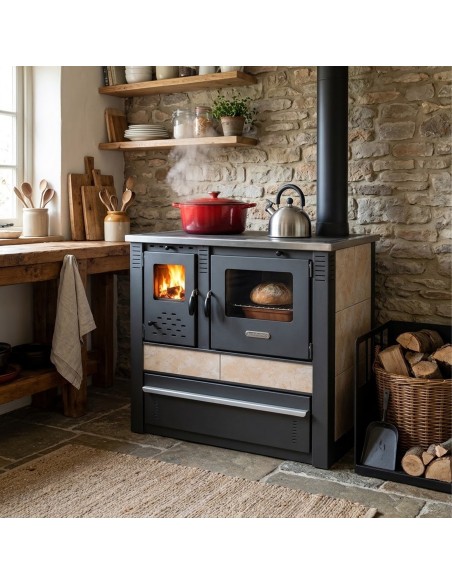 Cuisinière à bois noire et beige en situation dans une cuisine rustique en briques.