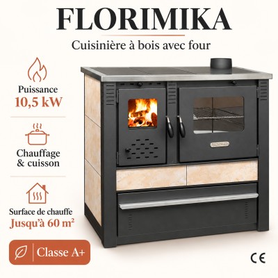 Image de couverture montrant une cuisinière à bois noire avec des finitions beiges, porte fermée. 2