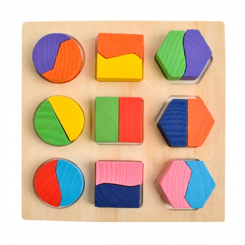 Puzzle 3D montessori en bois, formes géométriques colorées