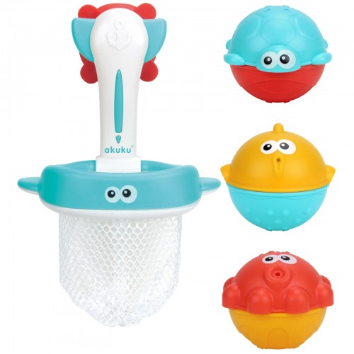 KALI Jeu de bain bébé panier ou filet pêche + 3 balles animaux