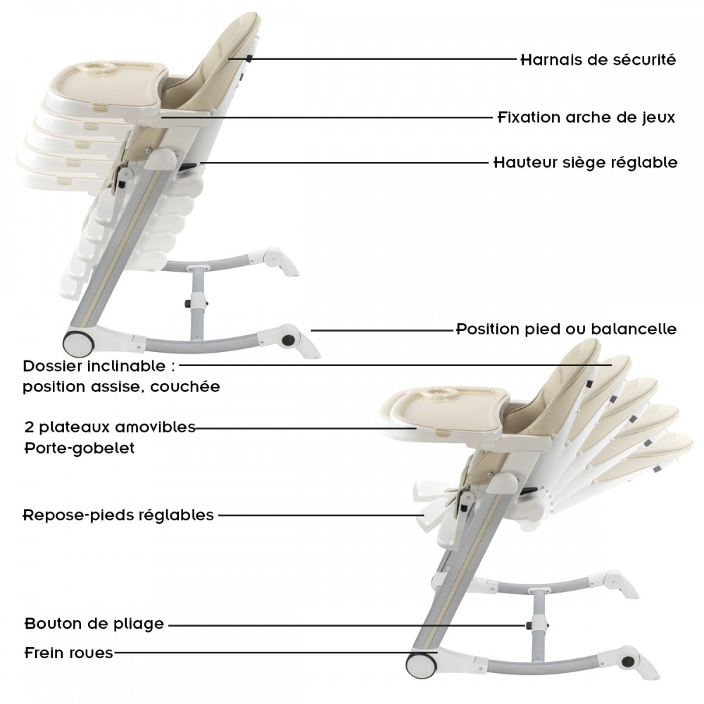 Chaise Haute bébé Évolutive 2 en 1, Harnais de sécurité, Plateau amovible,  Siège réglable