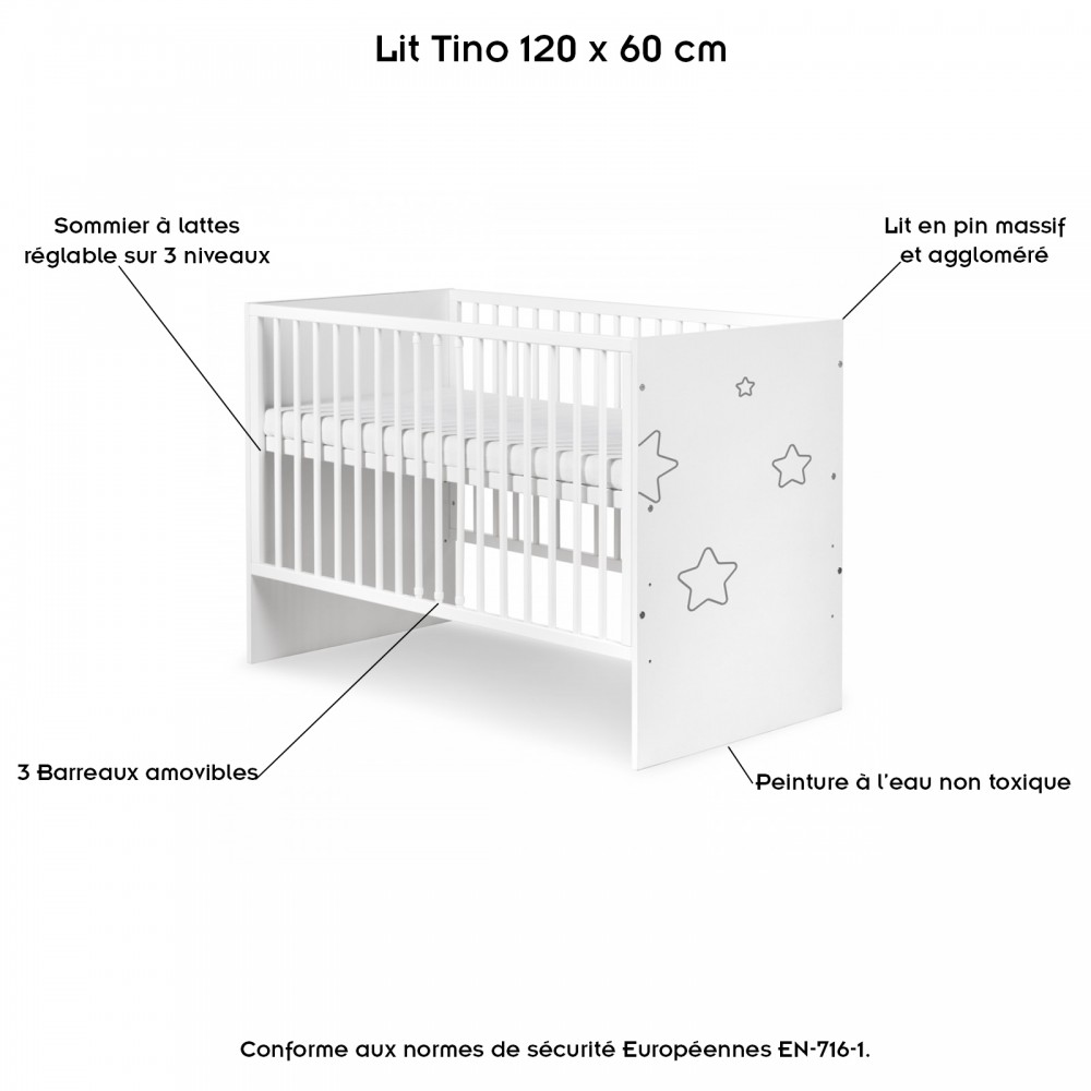 TINO Lit bébé à barreaux avec motifs étoiles 120X60 