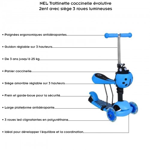 NEL Trottinette coccinelle évolutive 2en1 avec siège 3 roues lumineuses