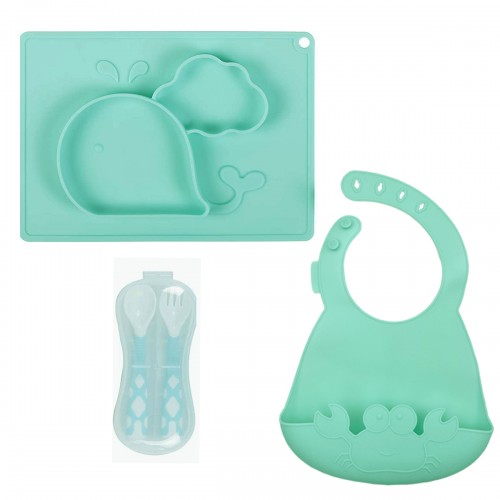 TASTY SET Set couverts, assiette bavoir en silicone pour bébé motif baleine