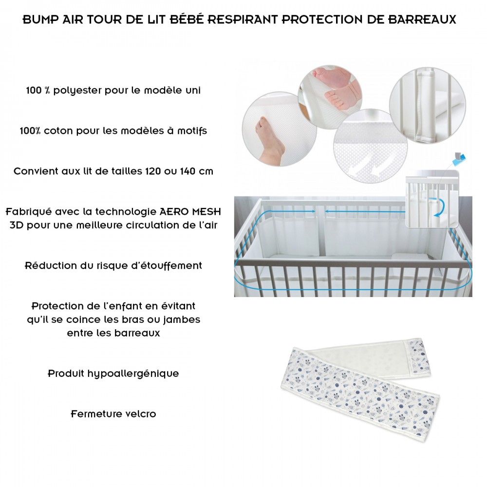 2x Tour de lit bébé respirant protection de barreaux 160x30cm