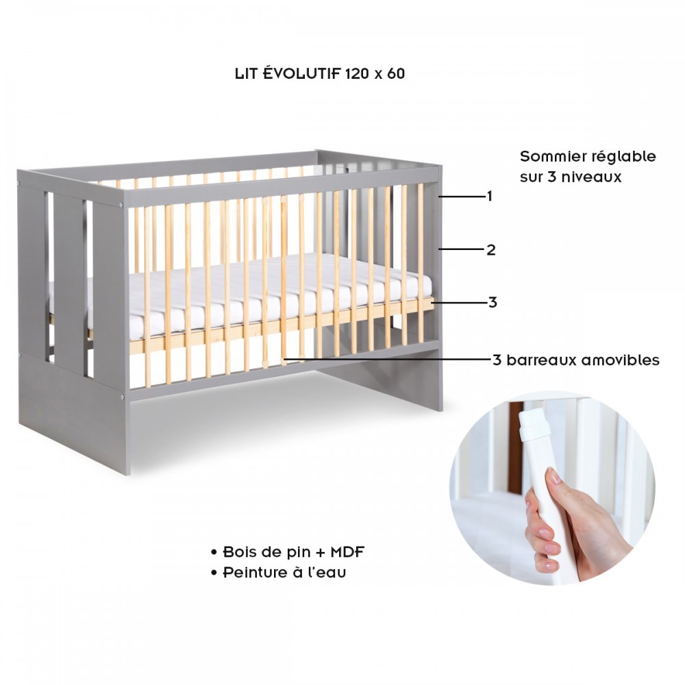 Lit bébé à barreaux, hauteur ajustable sur 3 niveaux