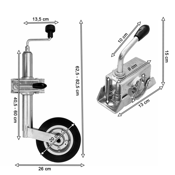 Roue jockey pour remorque avec collier Ø 48 mm en option